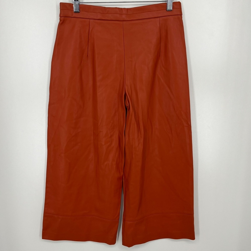 Zara Trafaluc Faux‎ Leather Pants Women's M Orange Side Zip Biker Wide Leg Crop - Picture 5 of 8